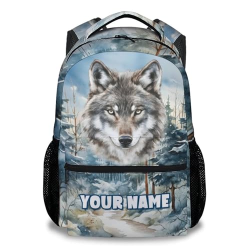Personalized Kids School Backpack with Name - 17 Inches Custom Wolf Backpacks for Boys - Aesthetic Wolf Bookbag for Elementary