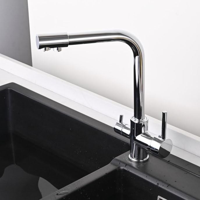 Grifo de cocina de 3 vías con filtro de agua y doble palanca giratoria, 2 salidas de agua, cromado, grifo mezclador de cocina para fregadero