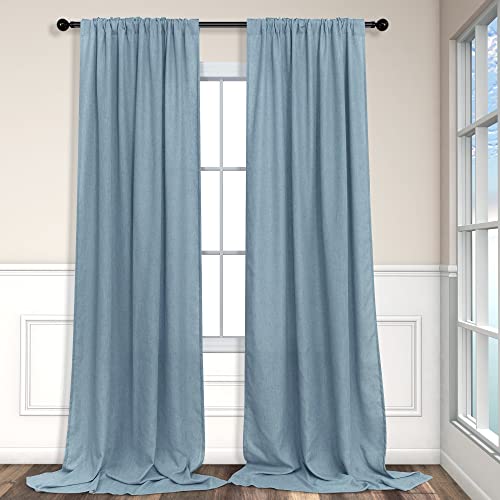 Blue Grey Curtains 96 Inches Long For Living Room Pair 2 Panel Set Back Tab Pocket Floor Length Drape Flax Linen Semi Sheer Vintage Light Blue Curtains For Dining Room Bay Window Country Farmhouse 8Ft #TOP7