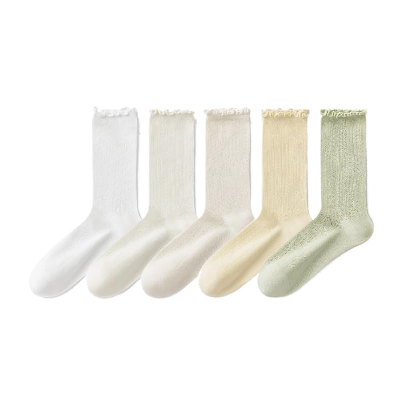 Female summer thin mesh breathable pure cotton tube wood ear lace white pile socks boneless moon socks mixed color *5 pairs