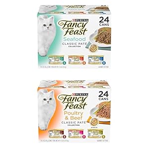 Purina Fancy Feast Grain Free Pate Wet Cat Food Variety Pack, Seafood Classic Pate Collection and Poultry & Beef Collection