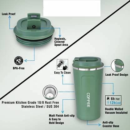 Image of Vacuum Insulated Stainless Steel Coffee Mug Tumbler - 510ml Travel Thermos Sipper Cup, Double Wall Hot & Cold Beverage Flask for Tea, Coffee, Office & Outdoor Use (Black)
