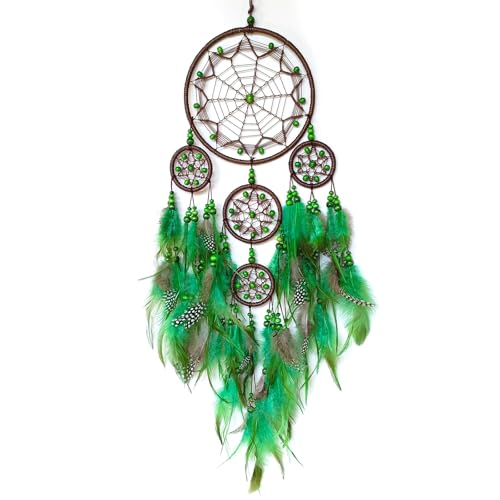 Donko Large Dream Catcher Wall Decor Green Dream Catchers with Wooden Bead Handmade Feather Dreamcatcher Wall Hanging Ornament for Bedroom Living Room Home Decor