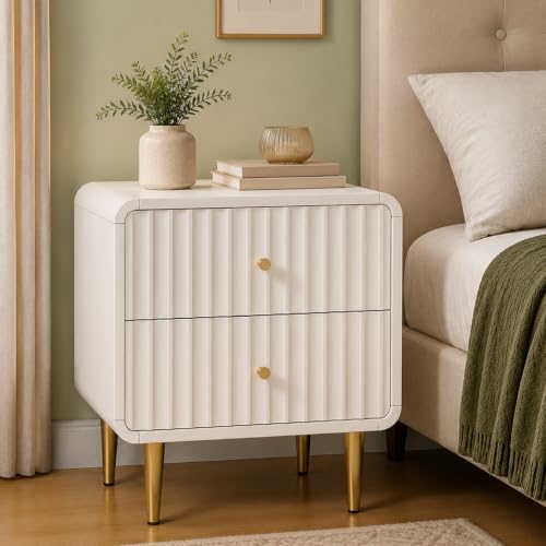 Image of HLR Modern Nightstand, Fluted Bedside Table with 2 Drawers Storage, White