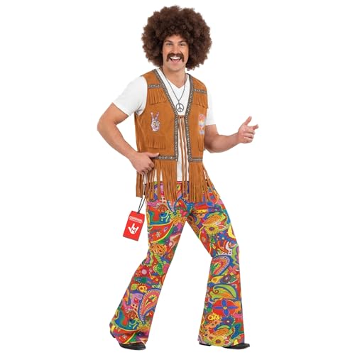 Fun Shack Hippie Kostüm Herren, Schlaghose Herren 70er, 70er Jahre Outfit, Flower Power, Schlagermove Outfit für Karneval, Fasching & Halloween, M