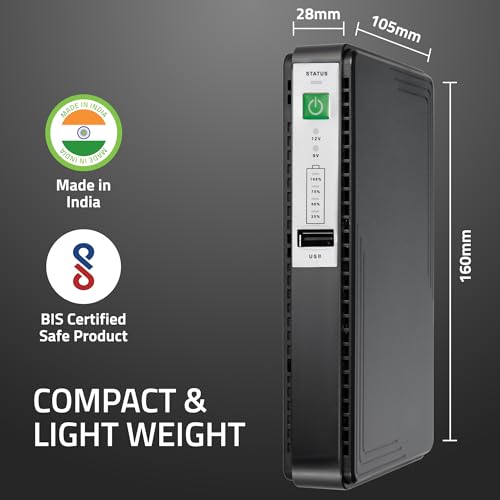 Image of Artis AR-MINIDC Mini UPS for WiFi Router /Modem /CCTV /Set top Box. 8800mAh Battery. Supports 9V /12V-1A /1.5A /2A Routers. USB Port Phone Charging.Battery Level Indicator. BIS Certified, Black.