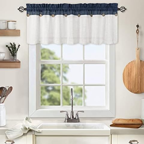HOMERRY Valances for Kitchen Windows, Navy and White Stripe Color Block Farmhouse Window Treatment Decor Curtains Linen Blend Rustic Button Valances for Kitchen, 54" W x 15" L, Navy, One Panel Cover