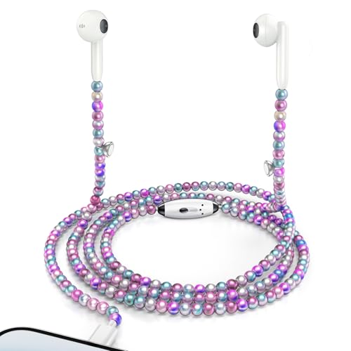 Coolden für iPhone Kopfhörer mit Kabel Purple Perlen In-Ear Kopfhörer HiFi Audio Stereo Ohrhörern mit Magnetische Schnalle Mikrofon und Lautstärkeregler für iPhone...