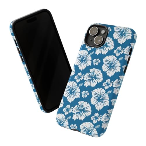 Coque iPhone 15 Plus avec motif floral hawaïen blanc sur bleu brillant - 2