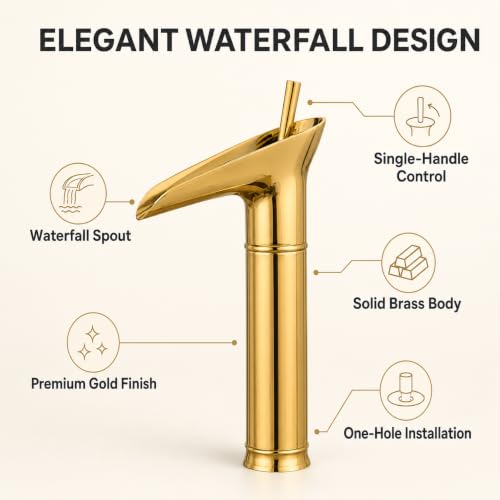Image of ZAP Antique Lavatory Vanity Basin Mixer Tap Bathroom Faucet with Waterfall Spout Bath Sink Faucets Single Handle One Hole Solid Brass - Brushed Gold
