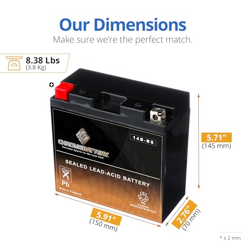 Image of CB CHROMEBATTERY YT14B-BS 12 V 145 CCA AGM - Maintenance-Free 13 Ah Battery for Sportbike, ATV, Jet Ski, Scooter - T3 Nut & Bolt Terminal - Fits Yamaha FZ1, Honda CBR600RR, Suzuki GSX-S1000