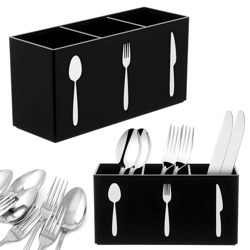 YBEATY Cutlery Storage Organizer Silverware Caddy Utensil Holder Countertop Knife Spoon and Fork Organizer Kitchen 3 Section Tableware Storage Box Indoor Outdoor Party Tableware Holder (Black)