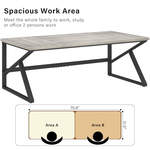 Image of HSH 70 Inch Long Grey Desk, Large Home Office Computer Desk for 2 People, Industrial Wood and Metal Executive Work Writing Study Gaming Desk Table, Modern Bedroom Simple PC Laptop Desk Double Desk
