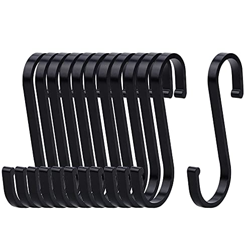 Winfred 12 PCS Space Aluminum S Shaped Hooks Heavy Duty Matte Finish S Hooks for Hanging Pots and Pans, Plants, Bags, Cups, Clothes, Towels in Kitchen, Bedroom, Bathroom, Office and Garden -Black