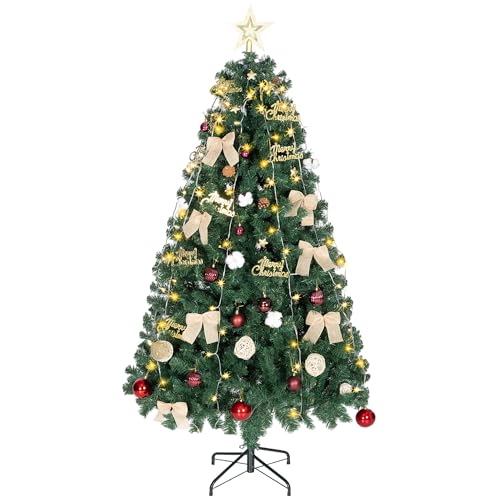 HOMCOM Árvore de Natal 180 cm com ornamentos, 200 luzes LED branco quente, árvore de Natal decorada com 8 modos de iluminação, 650 ramos, suporte de aço, decoração para casa, festa, interior