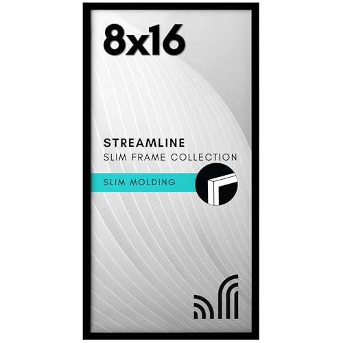 Americanflat 8x16 Picture Frame with Shatter-Resistant Glass - Streamline Collection - Thin Border Photo Frame for Tabletop and Wall Display - Hanging Hardware and Easel Stand Included - Black