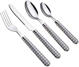 EXZACT Cutlery Set 24pcs Stainless Steel with Gingham Check Coloured Handles - 6 x Forks, 6 x Dinner Knives, 6 x Table Spoons, 6 x Tea Spoons (Green x 24 pcs)