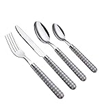 EXZACT Cutlery Set of 24, Stainless Steel with Gingham Check Coloured Handles - 6 x Forks, 6 x Dinner Knives, 6 x Table Spoons, 6 x Tea Spoons(Grey x 24)