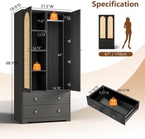 Miniatura 2 de VINGLI Armario Guardarropa de Ratán, Armario Closet con Cajones y Barra para Colgar, Armario con Estantes y Puertas, Guardarropa de Madera para