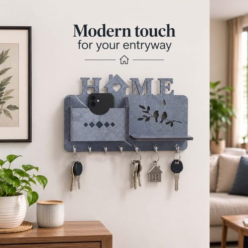 Image of Sehaz Artworks Engineered Wood 7 Hook Mobile Key Holder (MDF Grey)
