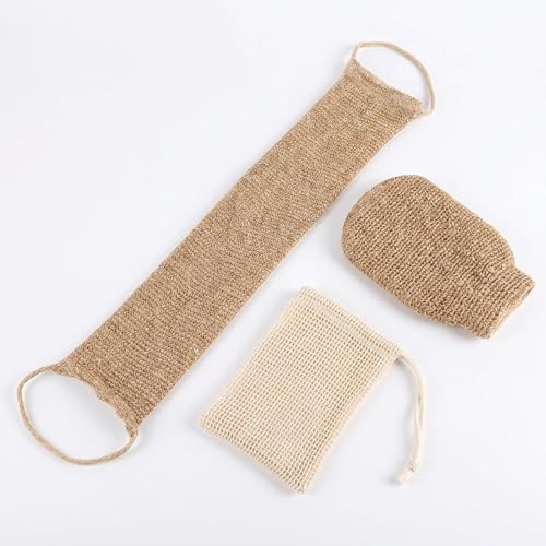 Image of 3 in 1 Jute Loofah Exfoliating Set - Bath Mitt, Extra Long Back Scrubber & Soap Saver | Natural Plastic-Free Body Scrubber for Dead Skin Removal for Men and Women
