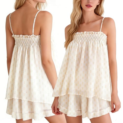 Image of SOOKABEILA Women 2 Piece Lounge Set Sleeveless Striped Cami Peplum Top Boxer Shorts Loose Ruffle Matching Pj Sets Outfits