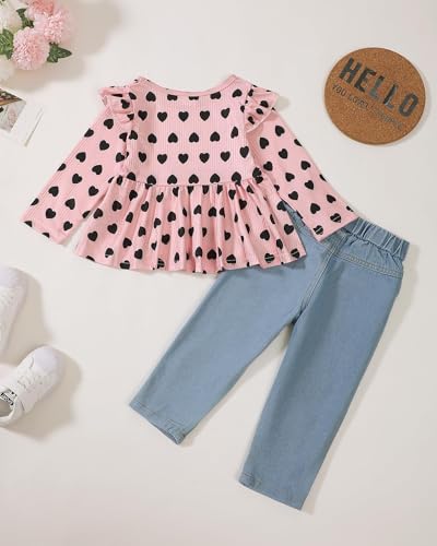 Mioglrie Toddler Baby Girl Clothes 18-24 Months Infant Fall Winter Pink Heart Baby Girl Outfit Ruffle Long Sleeve Shirt Denim Jeans Ripped Pant Clothing thumb #2