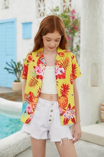 Image of SANGTREE Girls & Women's Hawaiian Shirts Button Down Short Sleeve Floral Tropical Shirt Beach Vacation Blouse Tops