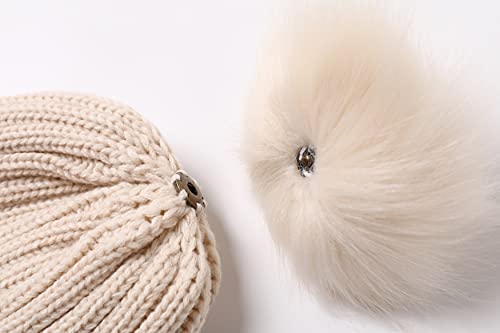 Roniky Womens Winter Beanie Hat, Silk Satin Lined Faux Fur Pom Pom Beanies Hat For Women Girls Warm Winter Knit Hats Beige #TOP4