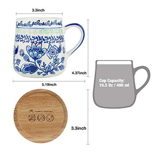 Taimei Teatime Coffee Mug With Lid Set Of 2, 16.5 Oz Ceramic Coffee Mugs With Handpainted Floral Pattern, Mugs Gift Set For Tea Lover, Woman And Couple, Microwave And Dishwasher Safe #TOP4