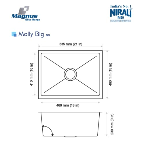 Image of NIRALI Kitchen Sink 21 inch x 18 inch x 8 inch Square 304 Stainless Steel | Single bowl Sink Round Coupling | Rust & Stain Resistant | Matt Finish | Minimizes Sound Molly Square Sink (21 inch x 18 inch x 8 inch)