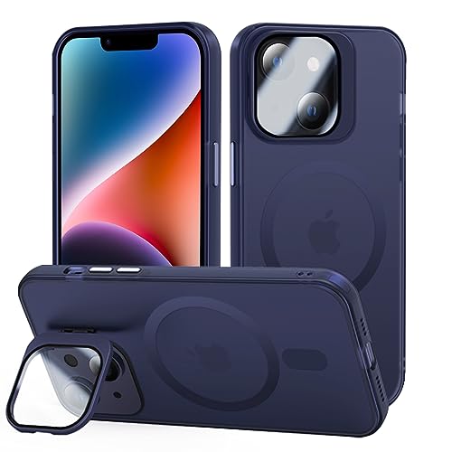 Tigratigro Cover con Cavalletto,Compatibile con iPhone 13/14,Protezione Fotocamera H9 vetro temperato,Custodia Posteriore Glassata Traslucida, Anti-Impronte,Sensazione di Velluto (Azzurro Navy)