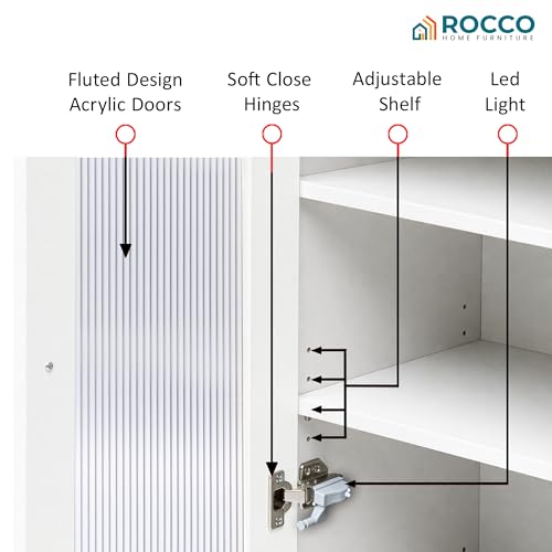 Image of ROCCO Walky Kitchen Island Storage Cabinet with Wheels, Solid Rubber Wood Top, Fluted Acrylic Doors, Built-in Power Sockets & LED Lights, Soft-Close Hinges & Side Organizer (White, Large & Extendable)