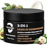 YEALIR 3-in-1 Leave-In Conditioner for Men - Instant Frizz Control, Hydrates & Nourishes Hair - Defines Curls, Adds Natural Shine & Deep Conditions Dry, Frizzy Hair with Castor & Avocado Oil, 3.53 oz