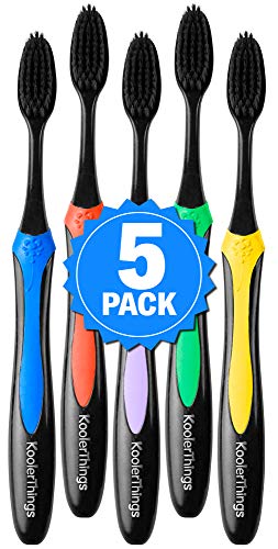 5 Pack- Charcoal Toothbrushes Extra Soft, Slim Brush Head, Cleans Plaque, Bacteria & Teeth Whitener,