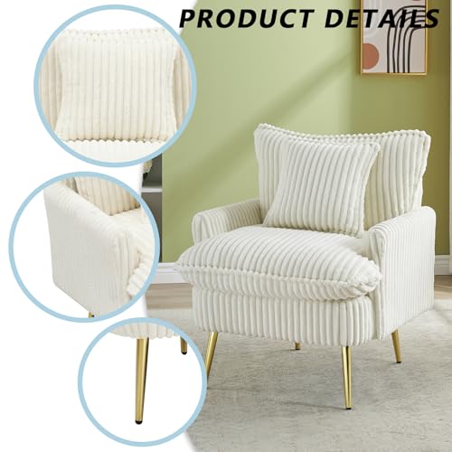 Sillón Corduroy Moderno Blanco con Brazos y Patas Doradas miniatura 5