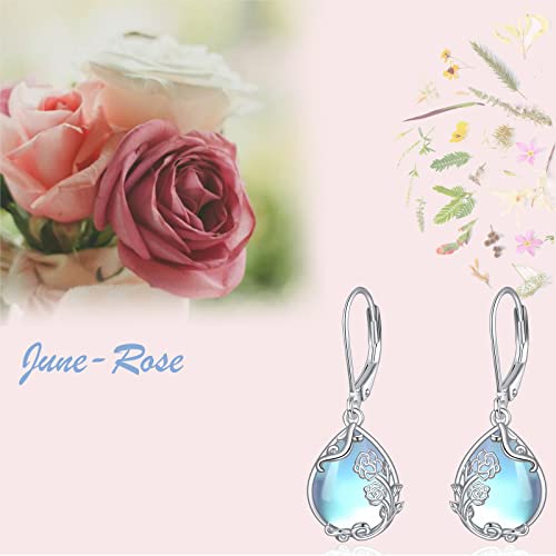 Poplyke June Rose Moonstone Birth Flower Filigree Teardrop Drop Dangle Earrings Sterling Silver Leverback Earrings Jewelry #TOP2