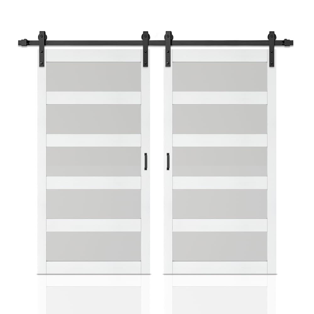 96 in. x 84 in. 5 Lite Tempered Frosted Glass White Finished Composite Double Sliding Barn Door with Hardware Kit Handle