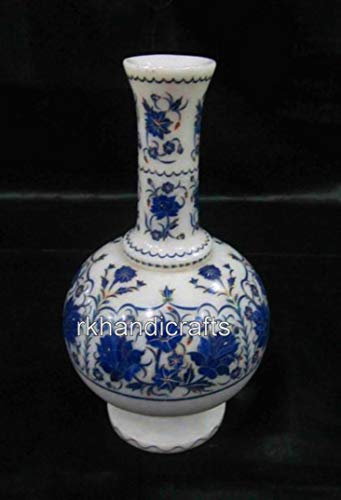 10 Inches Lapis Lazuli Stones Inlay Work Flower Vase For Hotel Decor White Marble Decorative Planter From Indian Art And Crafts #TOP25
