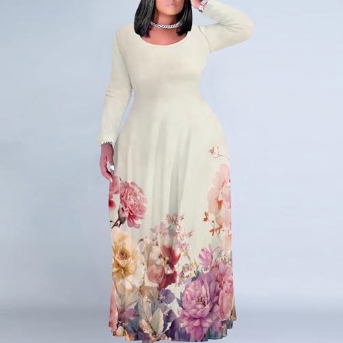 Image of PinkPatty Plus Size Maxi Dress for Curvy Women Crew Neck Long Sleeves Casual Dress Vacation Sundresses with Pockets