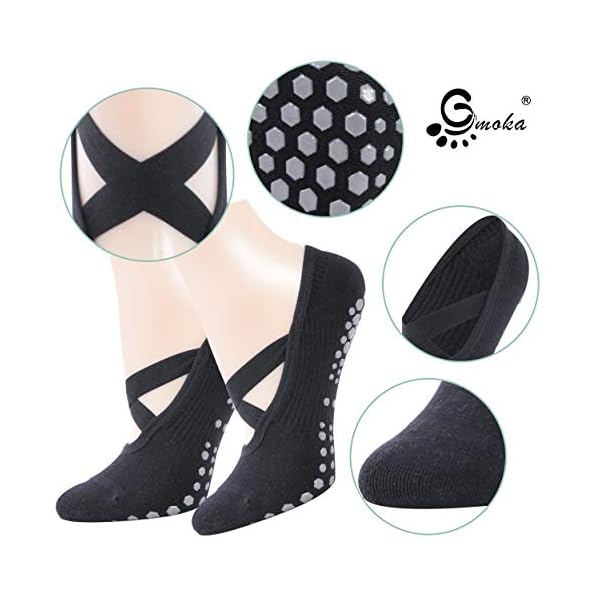 Yoga Socks for Women, Non-Slip Grips & Straps, Home Work Ideal for Pilates, Pure Barre, Ballet, Dance, Barefoot Workout Equipment Non Skid Socks(3Pairs-Black+Grey+Fuchsia-Instep Cross Strap Medium)