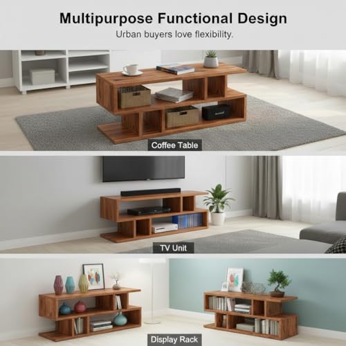Image of FURLAY Zentro Woodland Coffee Table for Living Room, Modern Engineered Wood Center Table with Multi-Level Open Storage Shelves, 90 x 40 x 40 cm (FWCT2-Woodland)