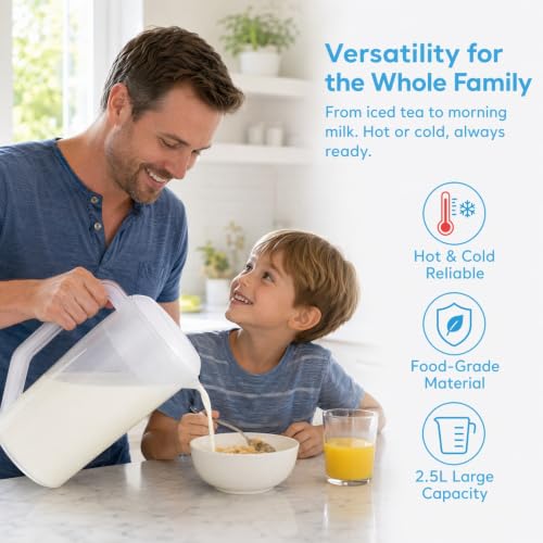 Image of Housoutil 2.5L Plastic Beverage Pitcher Jug with Lid with Measurements | For mixing iced tea and juices ideal for family poolside parties with tight lid and clear scale markings
