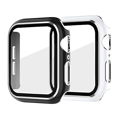 Quanerba Pack of 2 Case for Apple Watch 7, Double Colour Edge, Protective Case Hard Case with Glass Screen Protector Film Compatible with Apple Watch Series 7 41 mm 45 mm (Silver Edge, 45 mm) Cover