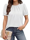 White Blouse for Women Short Sleeve Blouses Dressy Casual Womens Tops Summer Outfits for Women Puff Sleeve Tops Curved Hem Shirts L