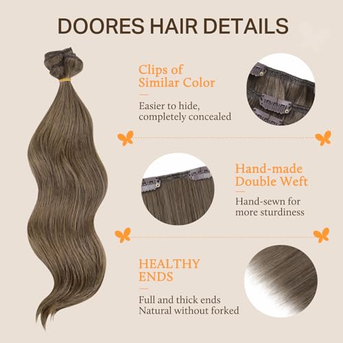 Image of DOORES Clip in Human Hair Extensions, Dirty Light Ash Brown 120g 7pcs 16 Inch, Remy Hair Extensions Clip in Straight Natural Remy Weft for Women