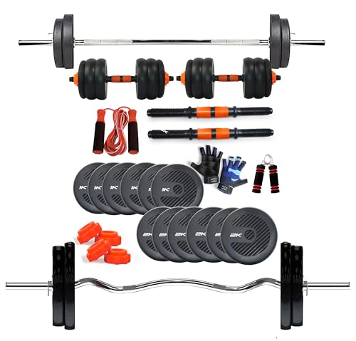 Image of WATSON Premium Home Gym Set for Men & Women, Home Gym Combo with Rubber Weight Plates, 25mm 3Ft Curl bar, 5Ft Straight Bar, Hard PVC Dumbbell Rods, Gripper, Skipping Rope & Gym Gloves (26 KG Combo)