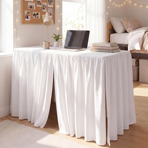 Breling 1 Pcs Ruffled Split Desk Skirt Cover 42" L x 24" W x 30" H, White