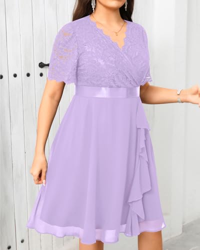 Image of Talisea Plus Size Wedding Guest Dress - Formal Cocktail Party Ruffle Elegant Tea Length Lace Chiffon V Neck Midi Dresses