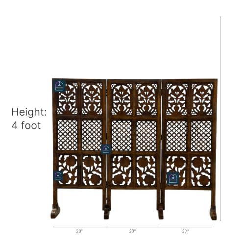 Image of Wooden Room Partition Screen with Burnt Wood Finish | Hand Buffed Traditional Handicraft Room Divider | 6 Ft Height Indoor Room Separator (3 Panel 4 Feet with Stands)